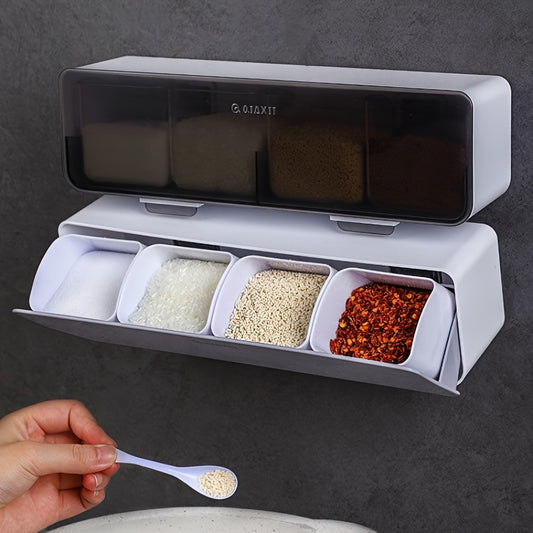 1pc Wall Hanging Kitchen Spice Box, Detachable 4 Grids Clear Seasoning Box